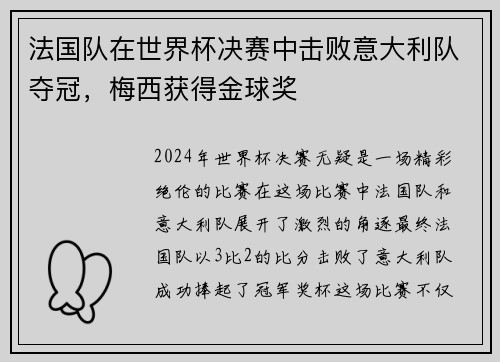 法国队在世界杯决赛中击败意大利队夺冠，梅西获得金球奖
